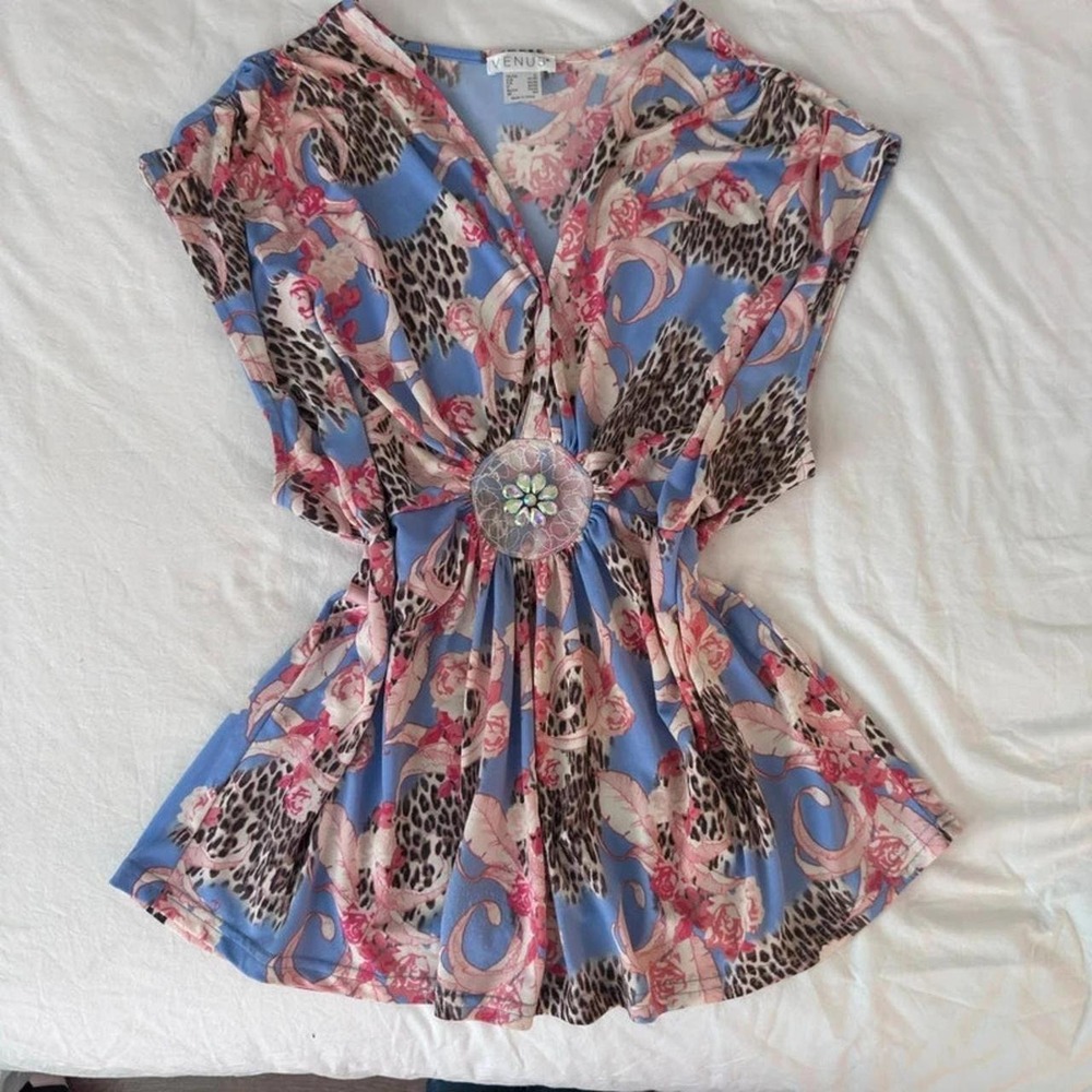 2000s y2k Venus pink & blue leopard print blouse